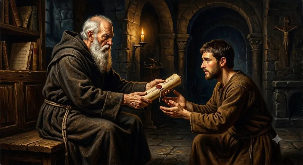 Sábio Padre da Igreja entregando o pergaminho da Sagrada Tradição a um jovem discípulo em um mosteiro
