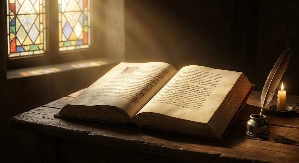 Antigo manuscrito da Bíblia Sagrada aberto sobre uma mesa rústica de madeira com iluminação solene de vitral e vela acesa