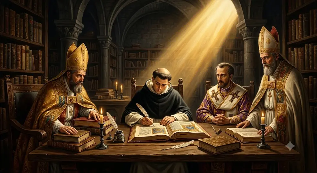 Reunião da patrística e santos padres da Igreja Católica estudando em uma biblioteca antiga